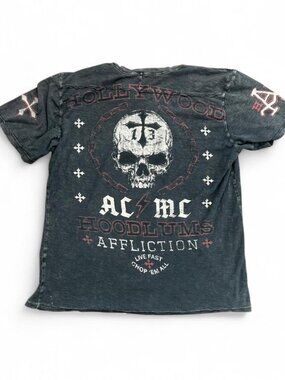 Y2K Affliction AC/DC Skull Acid Wash Graphic T-Shirt Men's XL Flaws